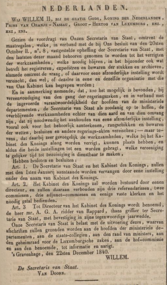 Archieffoto van een Koninklijk Besluit van 22 december 1840.